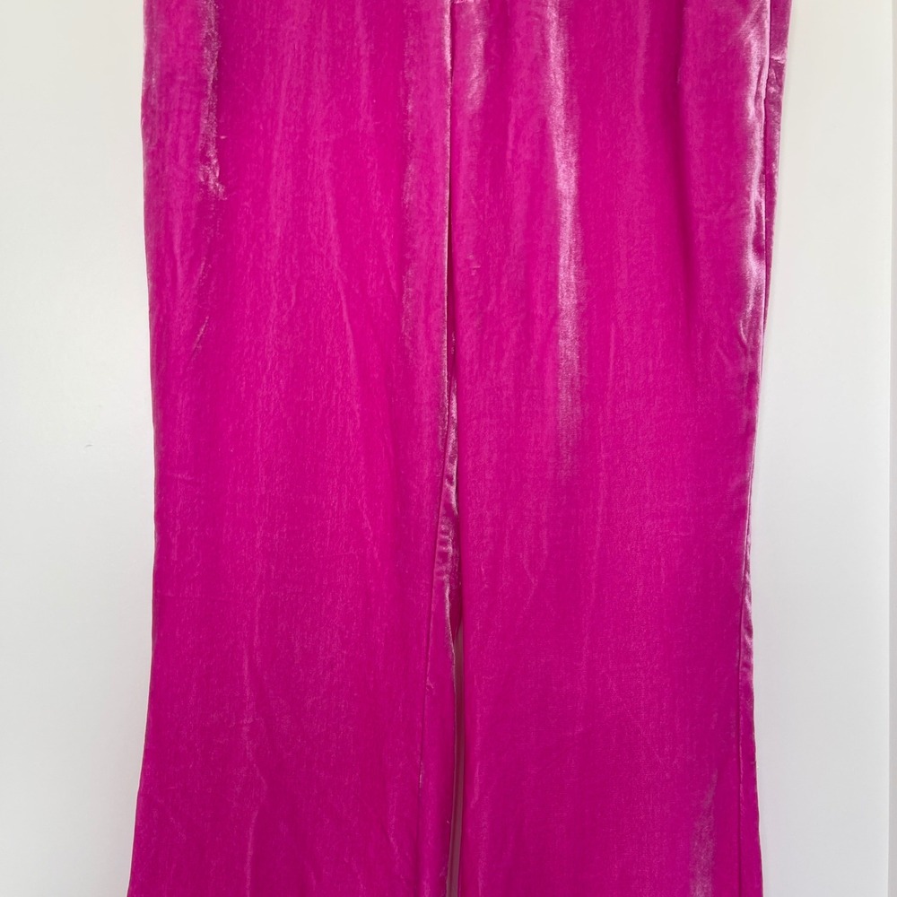 L'Agence Lane Flared‎ Trouser 2 Hot Pink Silk Blend Velvet Wide Leg French Chic - Picture 5 of 14